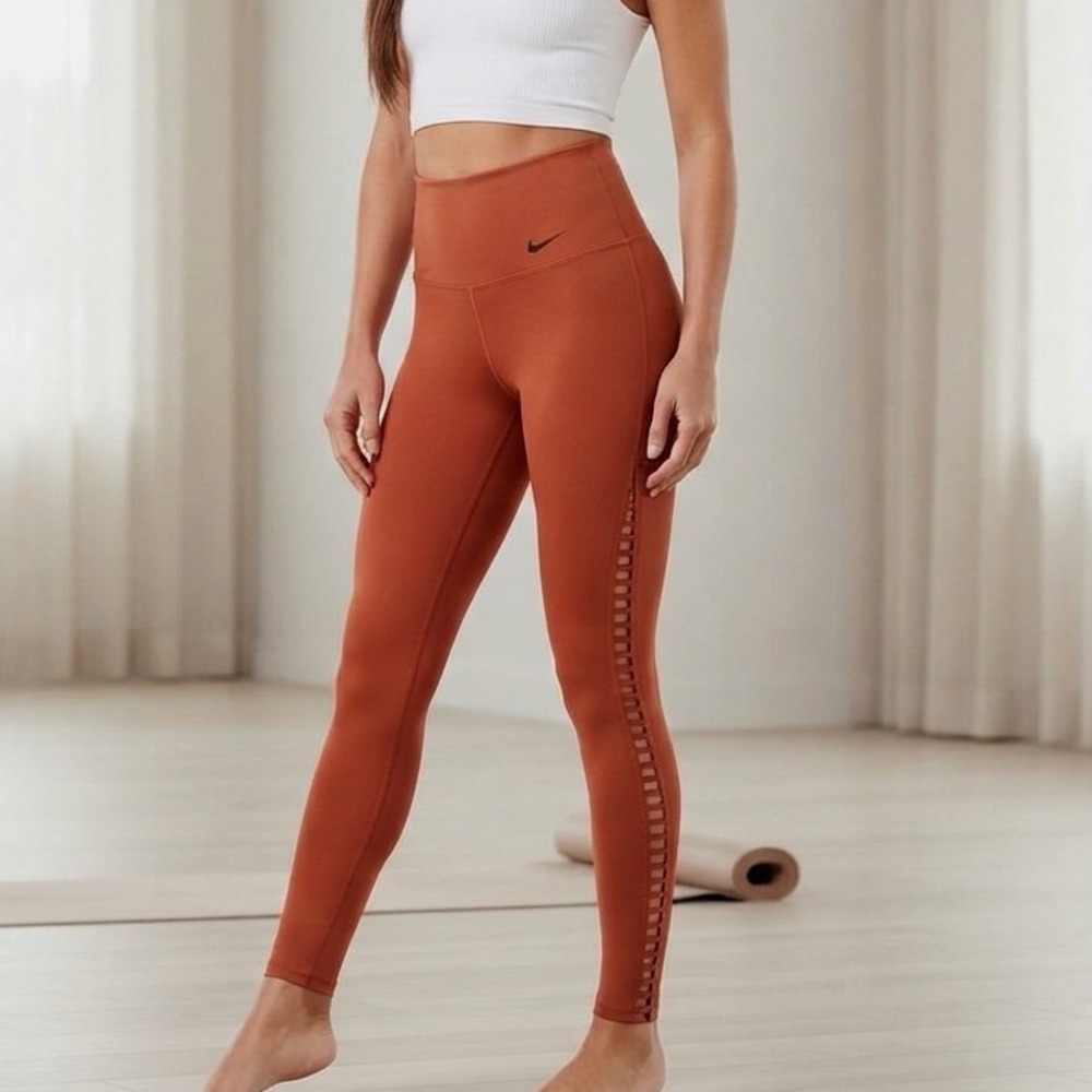 Nike‎ Womens Dri-FIT High Waisted Leggings Rust Orange Ladder Cutout XS